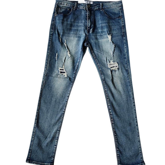 Men’s Distressed Vintage Bkue Wash Denim Skinny Jeans - Picture 2 of 9